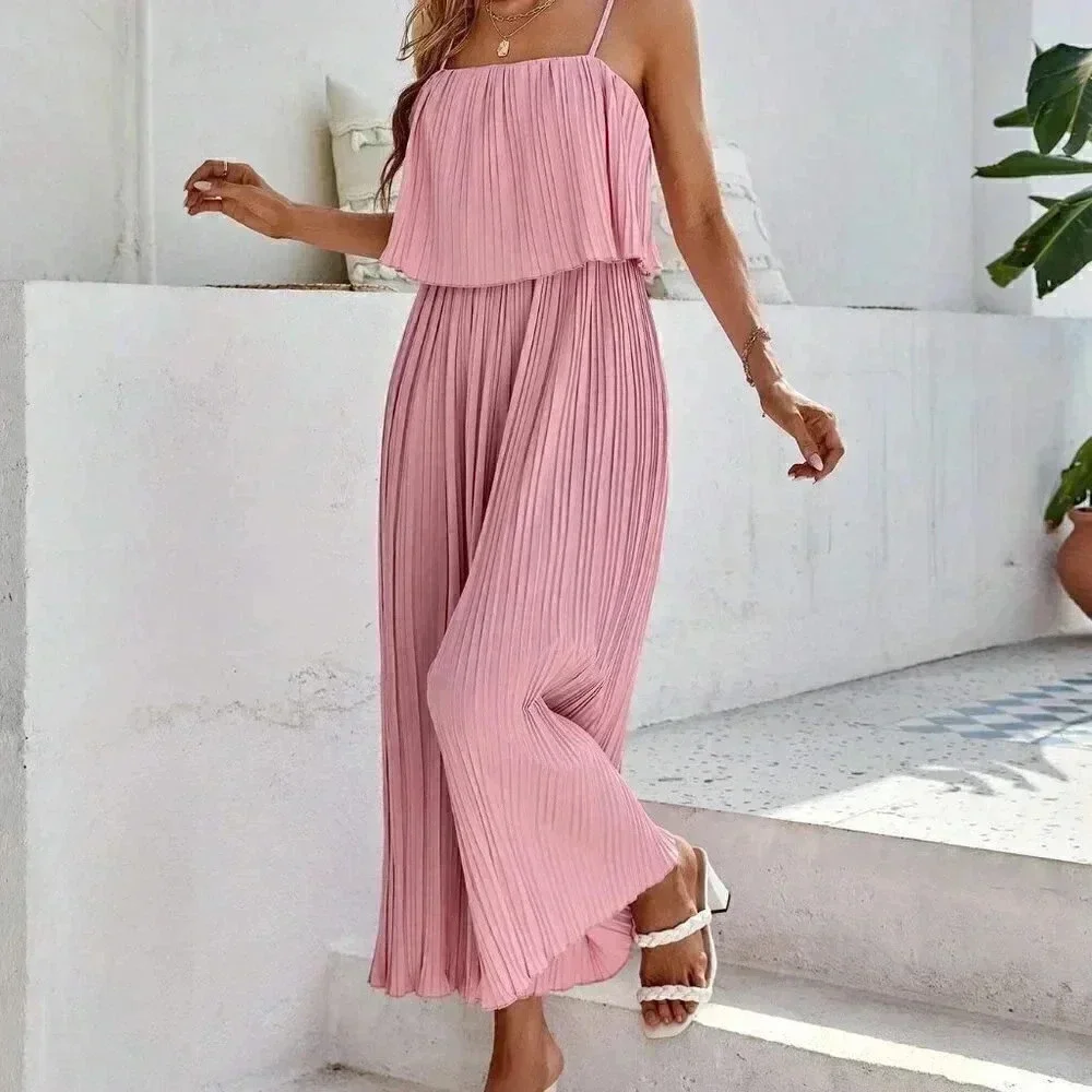 Pink Preppy Womens Solid Pleated Cami Jumpsuit